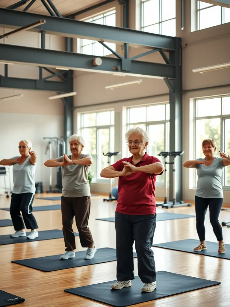 A heartwarming picture of senior citizens participating in a gentle exercise class at the OCLGN community center, promoting health and well-being.