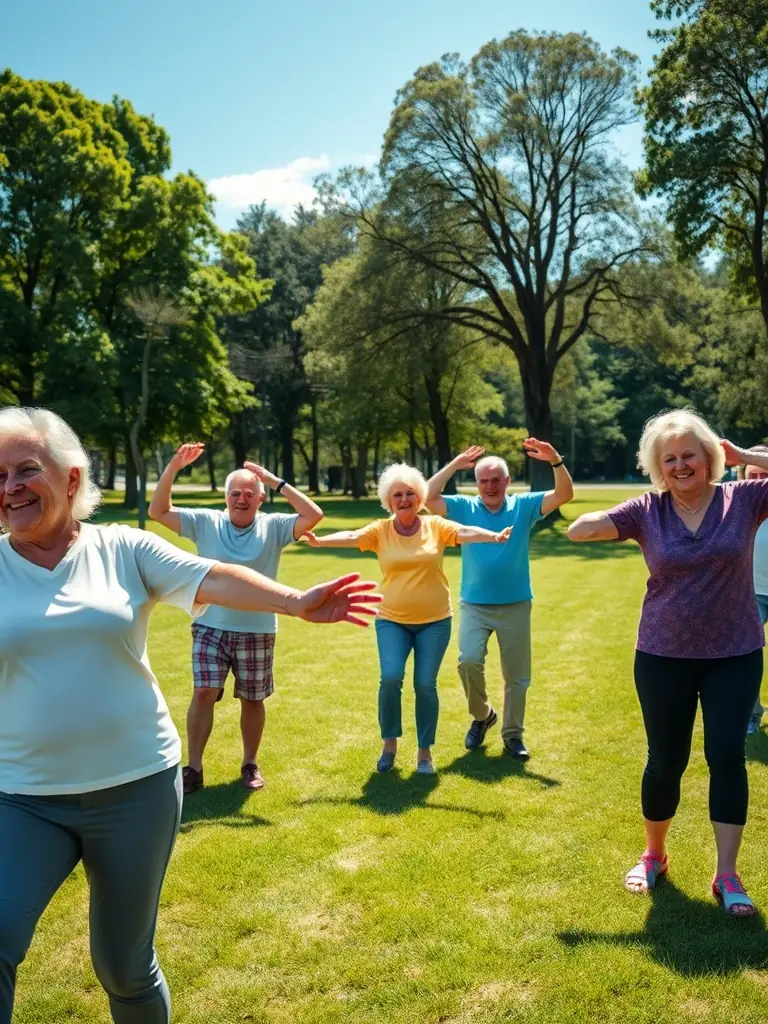 A photograph of a group of seniors participating in a gentle exercise class in a park, promoting health and well-being within the community.