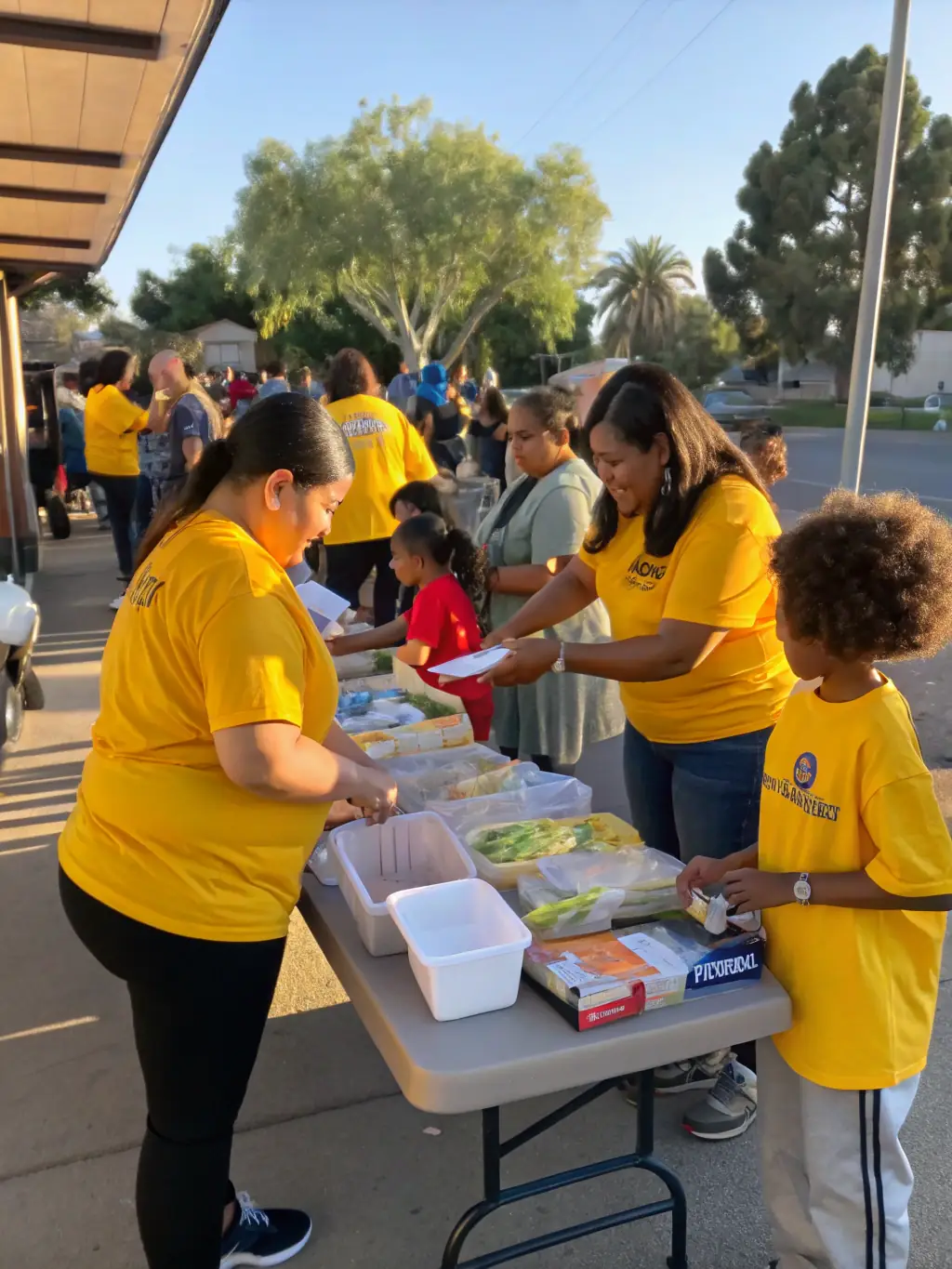 A photo of volunteers setting up for a local food fair, featuring stalls with regional specialties and community members working together.