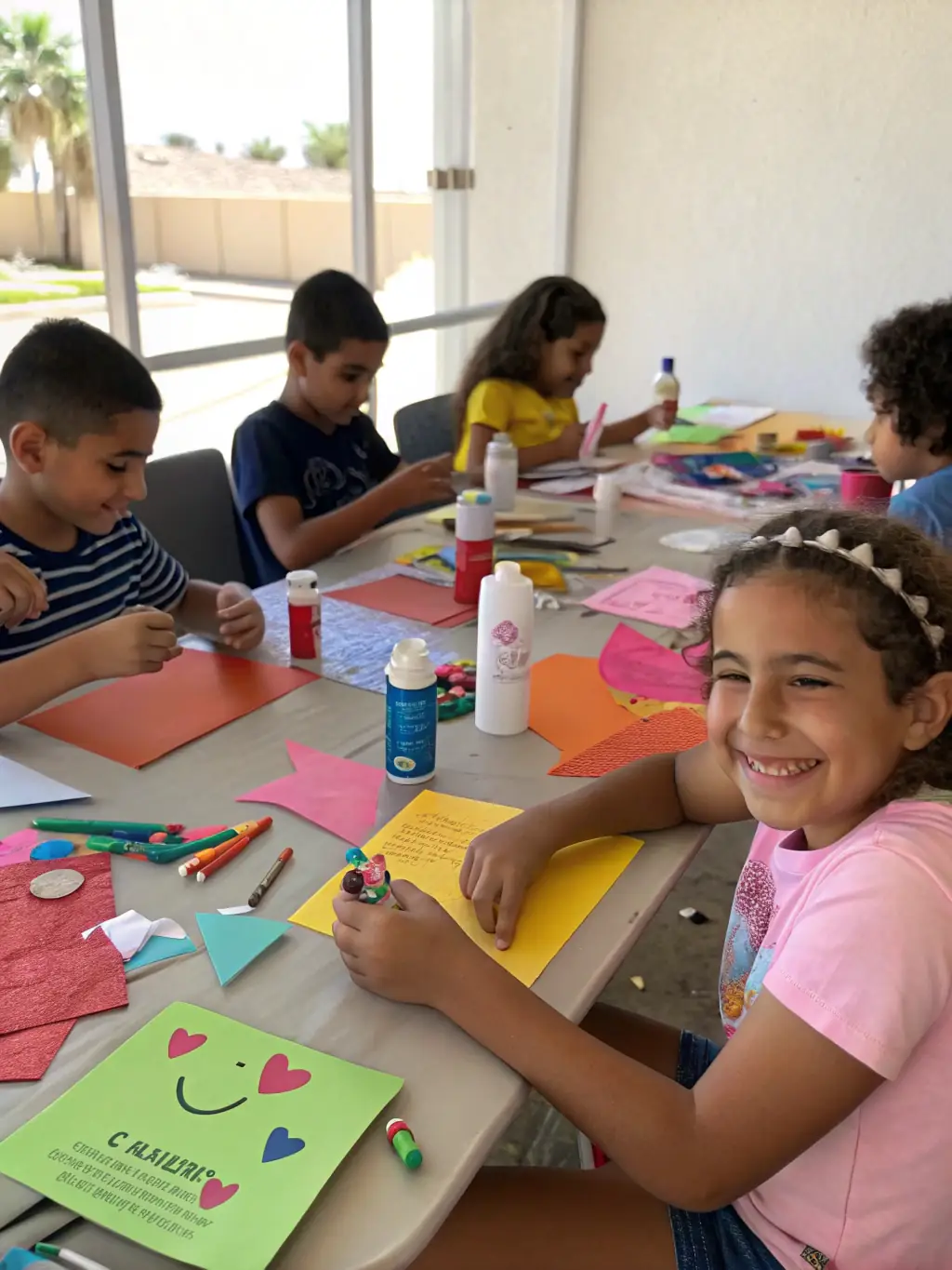 A photograph capturing a group of children participating in an arts and crafts workshop at a local community center, showcasing creativity and engagement.